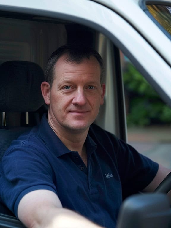 a man driving a white van slightly smiling