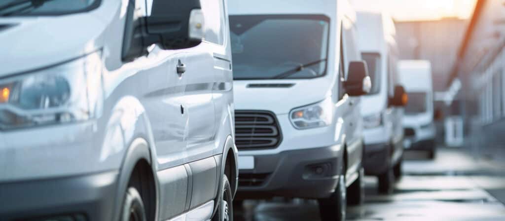 Row of parked white vans of a Man and Van 