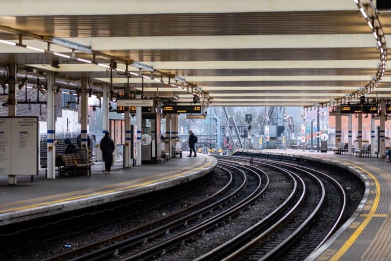 Railroad tracks and platforms in Finchley Road in the concept of services and amenities in Finchley.