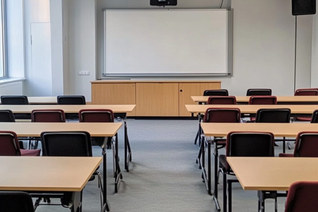 An empty modern classroom with tables, chairs, and a projector